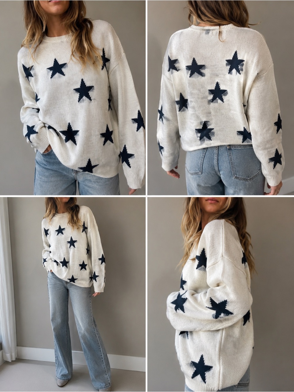 Francesca's Collections White Crewneck Sweater with Navy Star Print Oversized